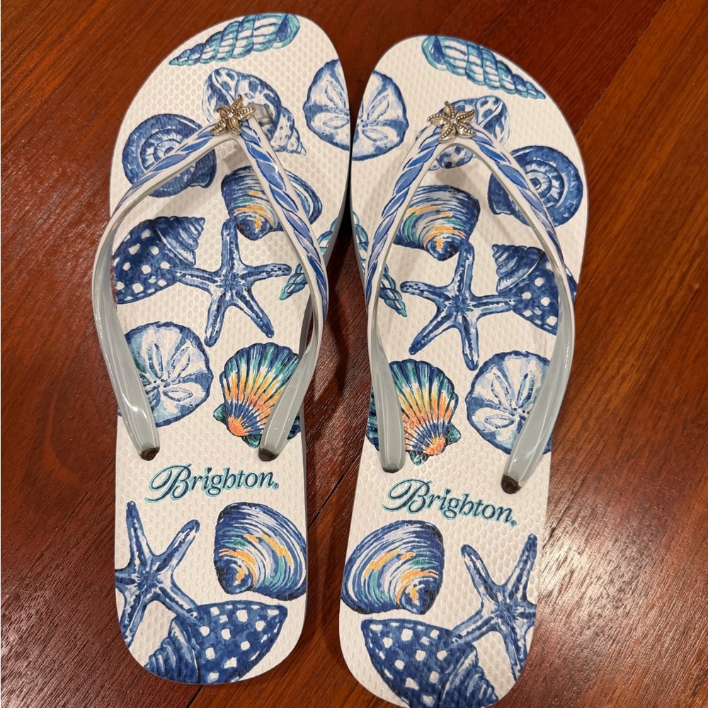 Brighton White Flip Flops with Blue & Aqua Seashell Print